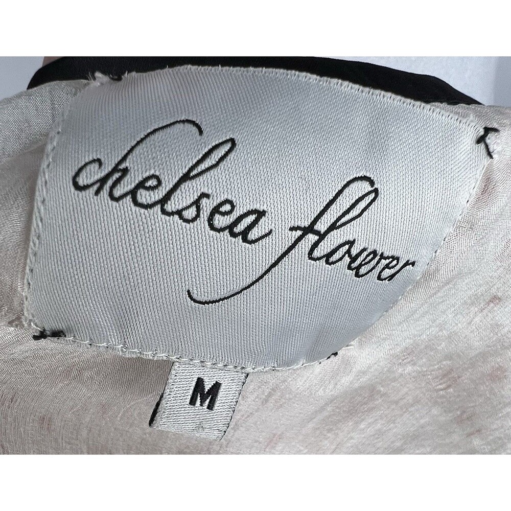 Chelsea Flower Ruffle Front Top 100% Silk Blush Pink Black Trim Size M Coquette - Picture 14 of 16
